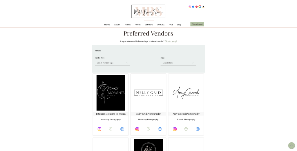screenshot of website from mobile beauty services llc showing list of vendors