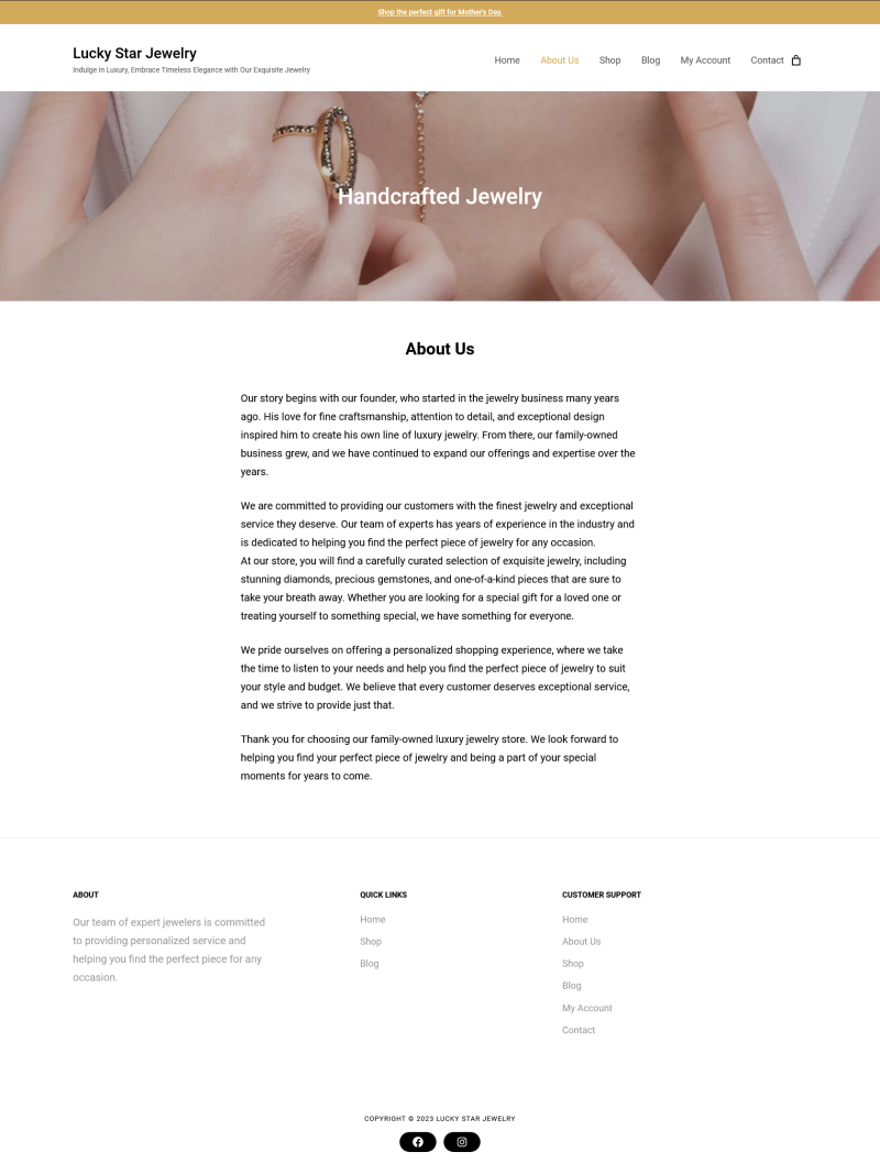 About us page for mock jewelry store website