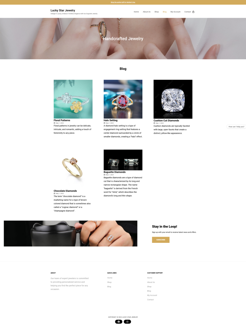 blog page for mock jewelry store website