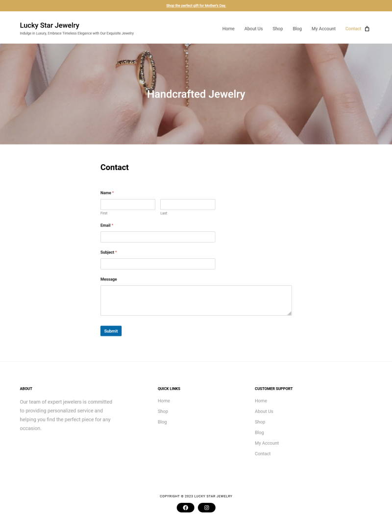Contact page for mock jewelry store website