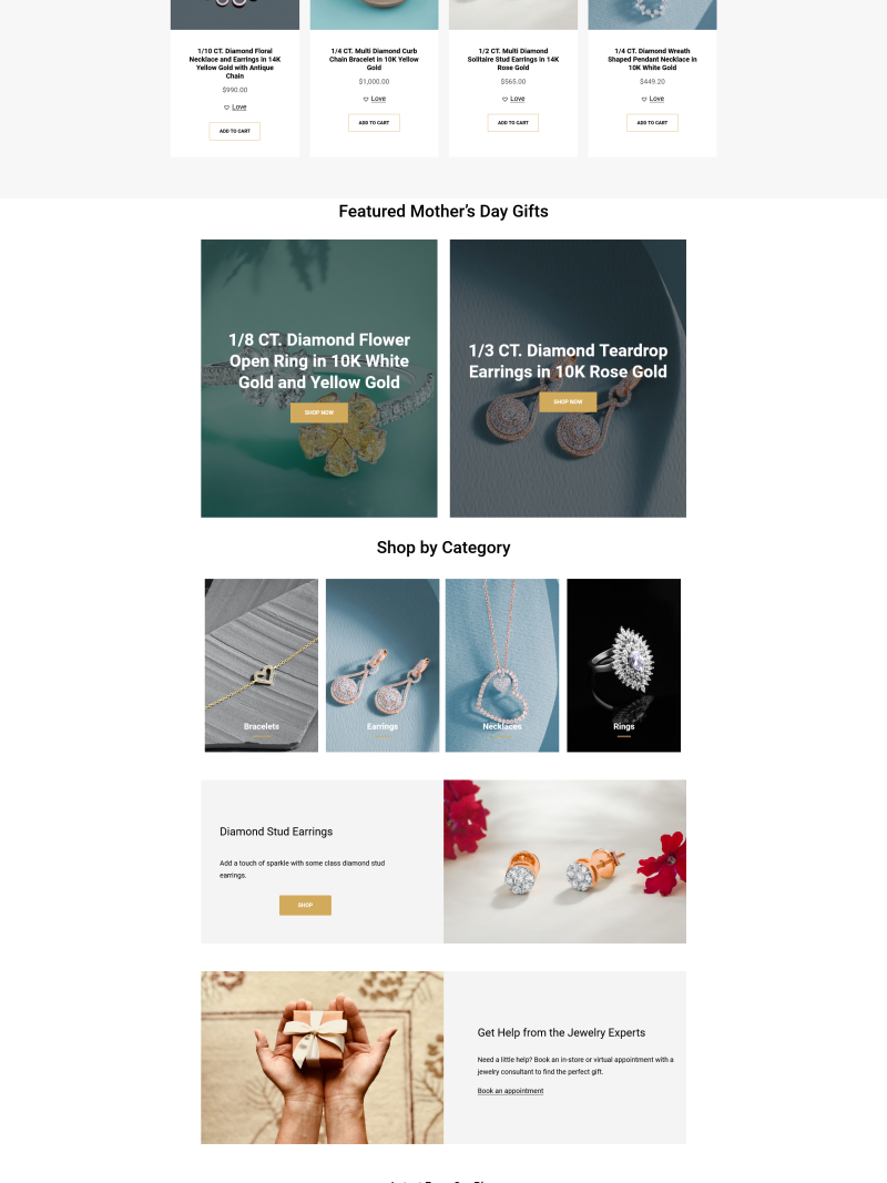 home page of mock jewelry store website